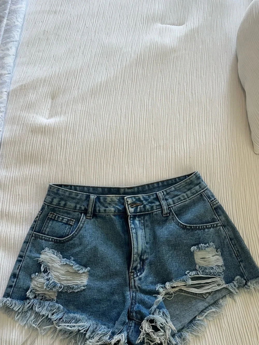 High-Rise Distressed Denim Shorts - Light Blue
